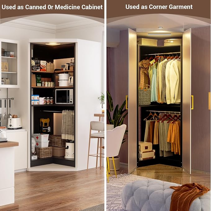 Armocity Corner Closet System, 32 Inches Wide Wood Corner Unit with 2 Hanging Rods and All Hardware Kits, 3-Tier 80'' Height Corner Wood Closet Tower, Black
