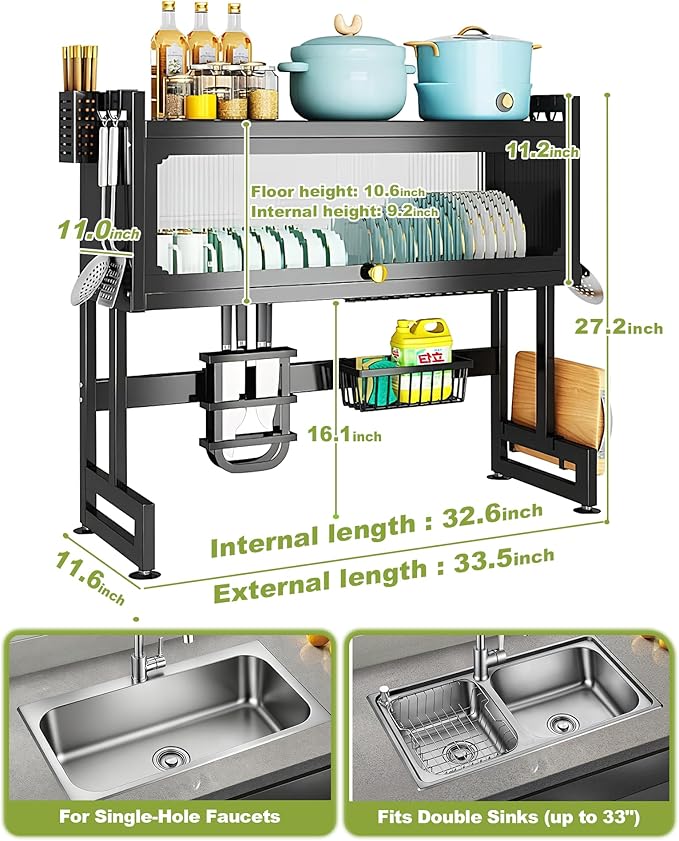 Over the Sink Dish Drying Rack with Cover 2 - Tier Large Dish Drainer Racks for Kitchen Counter Space Saving Sink Storage Organizer for Dishes, Glasses, Bowls & Cutlery Black