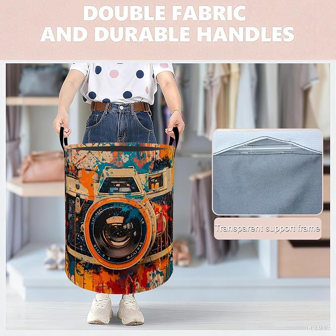 Vintage Camera Laundry Basket Hamper 19.7"x15.8", Organizer Bins Gifts for Kids Boys Girls, Retro Photographer Foldable Waterproof Oxford Clothes Storage Bucket for Bedroom Bathroom Decor