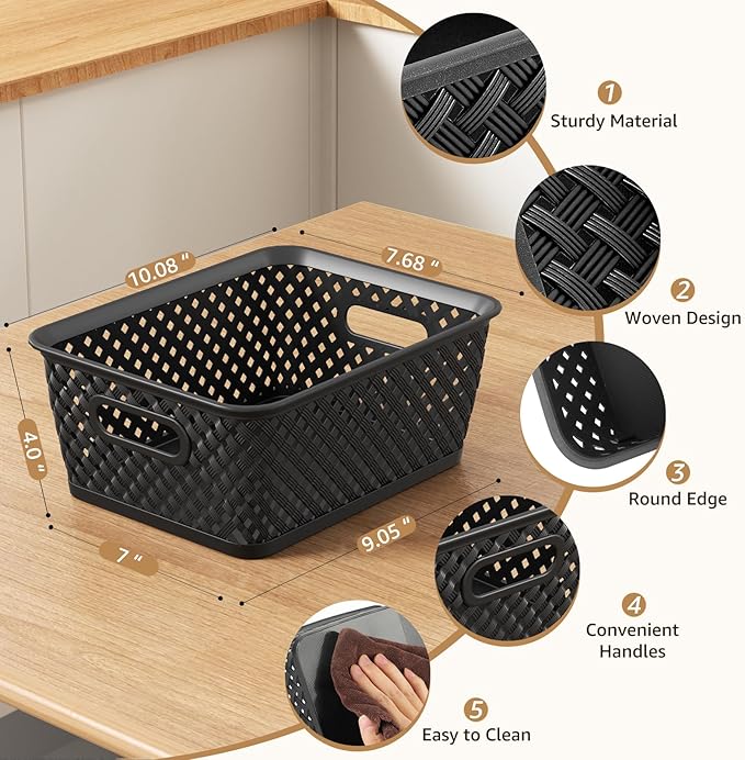 MaxGear Organization and Storage 3 Packs, Plastic Bins Organizer Bins, Woven Baskets for Storage, Plastic Baskets with Handles Black Basket for Organizing, Basket Organizer for Home and Office, Medium