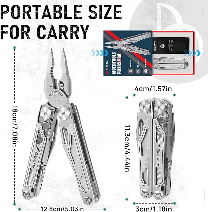 BIBURY Multitool Pliers with 440A Knife & Full Size Scissors, BI2045 | 31-in-1 Multi Tool with Replaceable Wire Cutters, Self-locking EDC Tool with Sheath, Ideal for Outdoor, DIY, Gift for Men