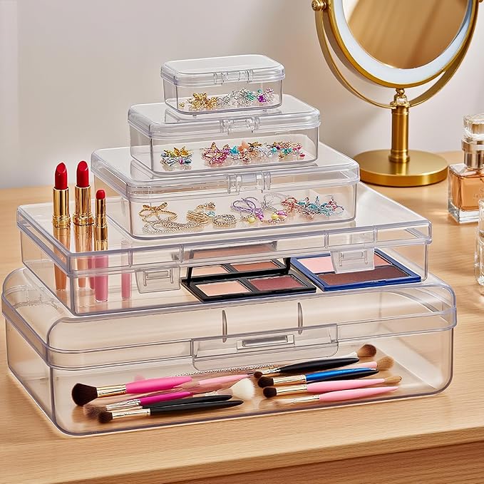 42 Pieces Mixed Sizes Rectangular Empty Mini Clear Plastic Organizer Box | Hinged Lids, For Small Items, Craft Projects