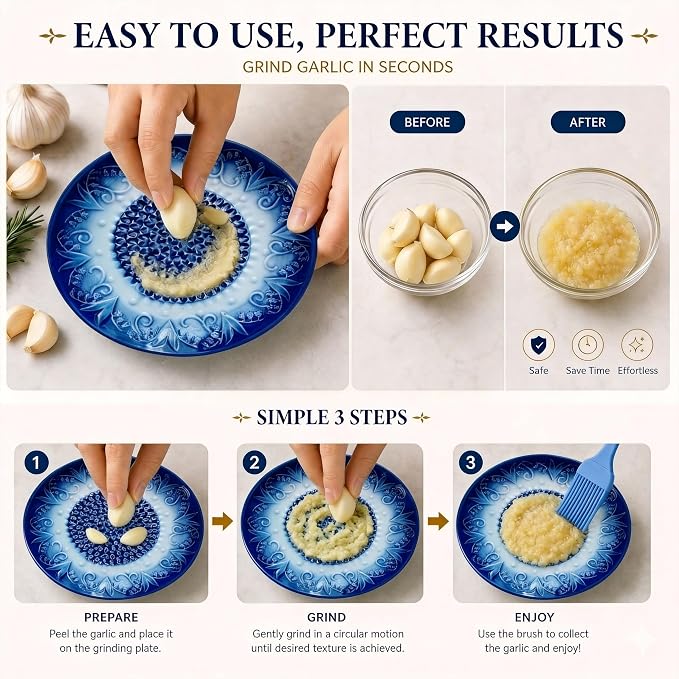 Ceramic Garlic Grater Plate Set with Rack & Cleaning Brush (Blue)