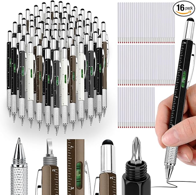 Zhanmai 16 Pcs 6 in 1 Multitool Pen Bulk Gift for Men Multi Tool Pen with Ruler Level Screwdriver Stylus Cool 40 Ink Refill Tool Gadget Birthday Christmas Stocking Stuffers (Black Gray Brown White)