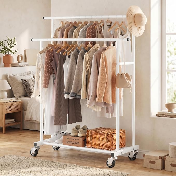 Calmootey Rolling Garment Rack with 2 Rods, Clothes Organizer for Bedroom | High-Low Rods, Two Lockable Wheels, Sturdy Metal Frame, Space-Saving, Fits Laundry, Living Room, White