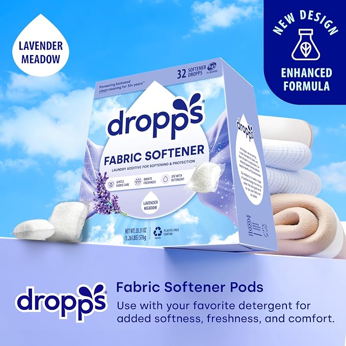 Dropps Fabric Softener Pods, Lavender Meadow (32 Count) - Laundry Softener For Soft & Fluffy Fabrics | Liquid Softener & Dryer Sheet Alternative | Clean Ingredients | Plastic Free Packaging