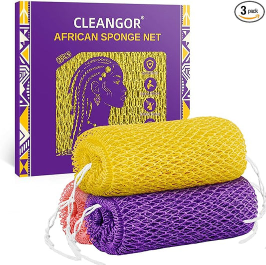 Cleangor 3Pcs African Net Sponge Authentic with Knots - Exfoliating Body | Scrubber for All Skin Types, African Bath Sponge, Wash Cloth, Gentle Exfoliation Shower Rag for Women Daily Use