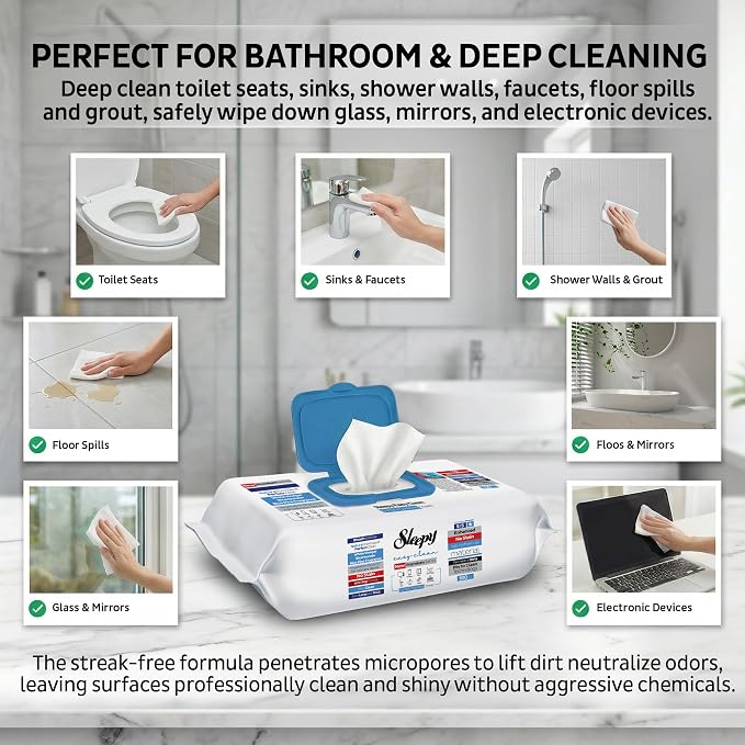 Sleepy Easy Clean XL Heavy Duty Cleaning Wipes (100 Count) – Chlorine-Free Bleach & Vinegar Formula – Large 8"x8" Multi Surface Scrubbing Wipes for Bathroom, Grout, Tile, Glass, Carpet Spots & Stain
