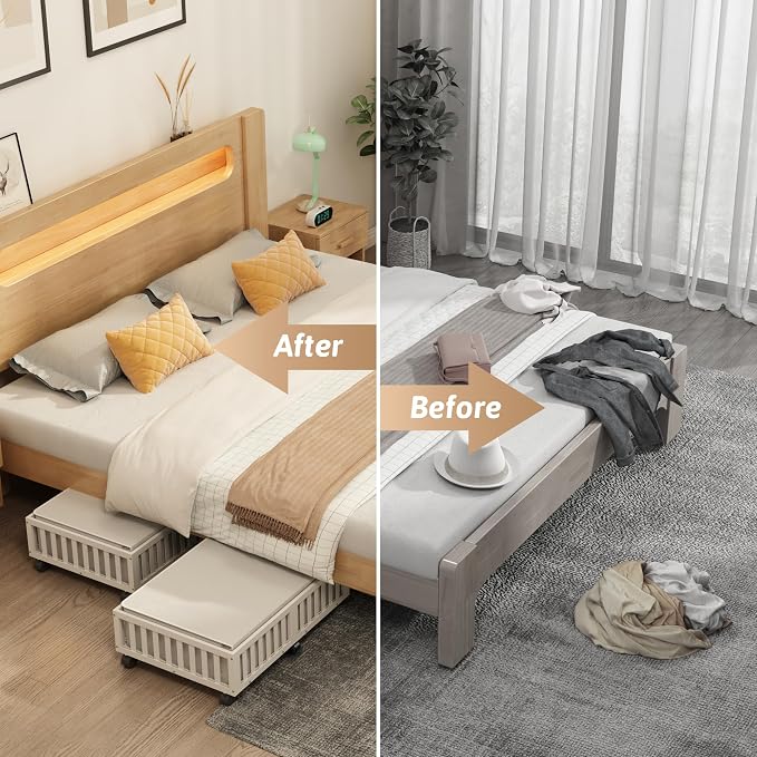 2 Pack Large Bamboo Under Bed Storage Containers with Wheels, White | Underbed Drawer Storage with Bag, Wood Rolling Underbed Organizer for Shoes, Sheets Clothes Blanket Comforter, Under Crib Toy