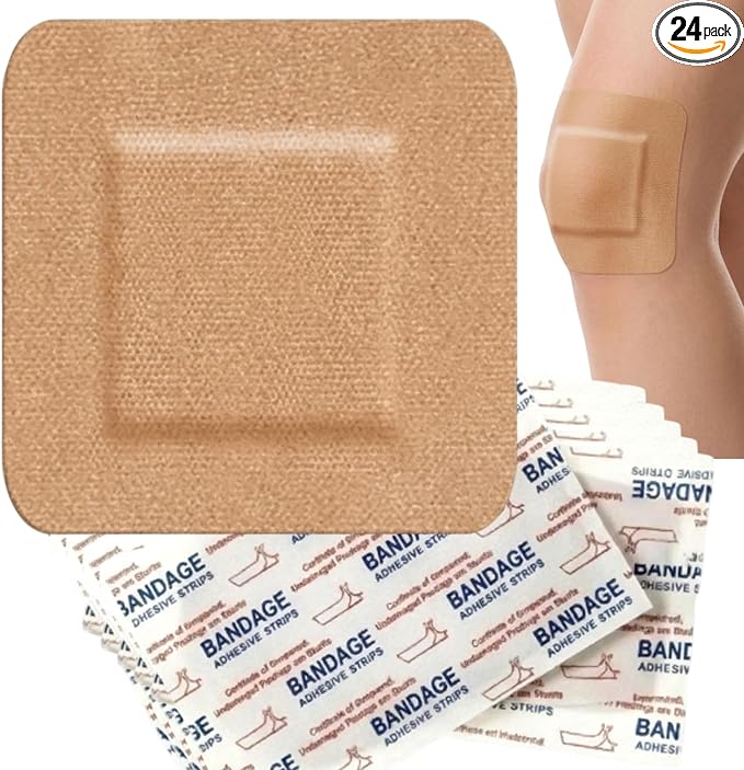 Geiserailie 24 Pcs Extra Large Flexible Adhesive Bandages 4 x 4 Inch Sterile Fabric Bandages with Non-Stick Pad Latex Free Painless Removal for Wound Care and First Aid(Rectangle)