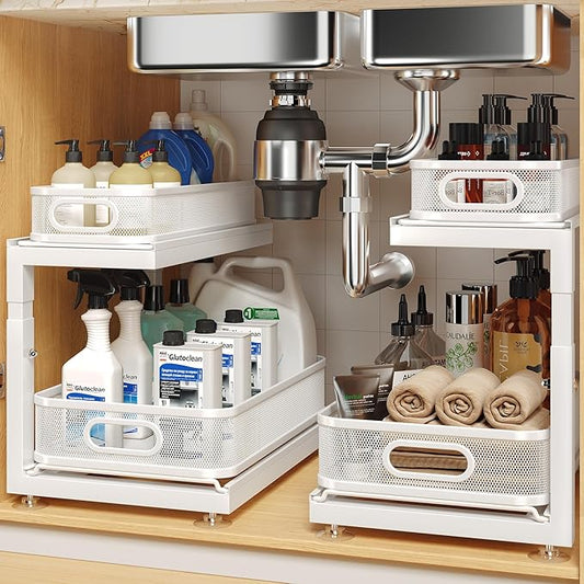 2-Pack Under Sink Storage Organizer with 2-Tier Slide Out Drawer, Sophisticated Mesh Pull Out Shelf for Kitchen & Bathroom, Fits Small Items, Upgraded Arched Track for Smooth Gliding(Patented)