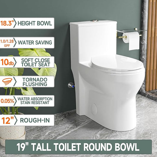 Compact Modern Tall Toilet 19 Inch for Seniors, Powerful Tornado Flush Skirted High Toilet for Small Bathroom, One Piece Toliet Dual Flush 1.0/1.28 GPF, Comfort ADA Bowl Heigh 18.3 Inch, White
