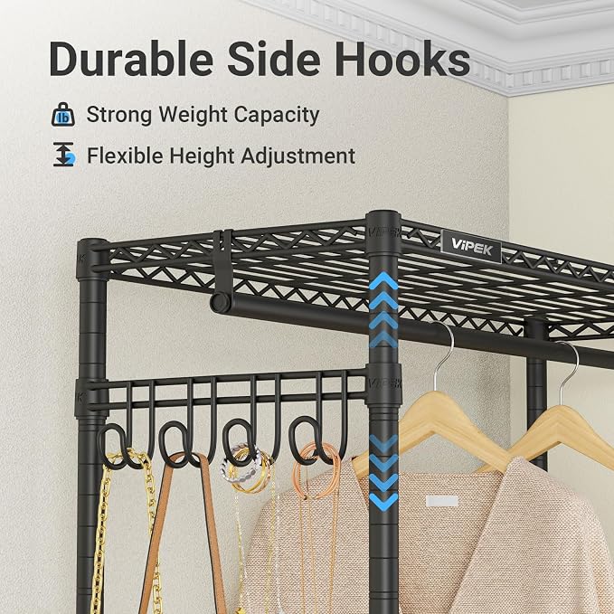 VIPEK L4 Clothes Rack L Shaped Garment Rack for Corner, 810lbs Heavy Duty Portable Closet Metal Clothing Rack, Adjustable Shelving/Sturdy Hanging Rods/Side Hooks, Black