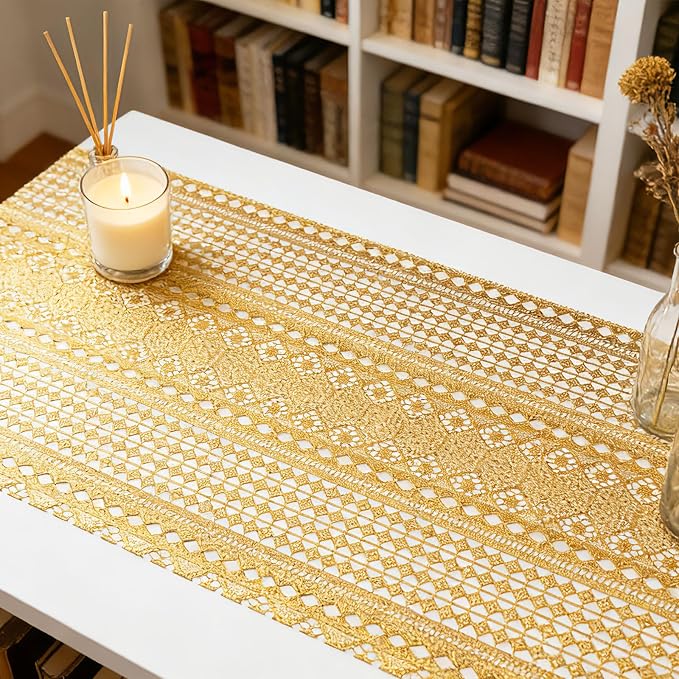 Drawer and Shelf Liner - Gold Geometric Lace Pattern,Non Adhesive | Non Slip Waterproof Easy-Clean Shelf Liner for Kitchen Cabinet, Bathroom, Pantry Storage Drawers, 17 in x 20 Ft