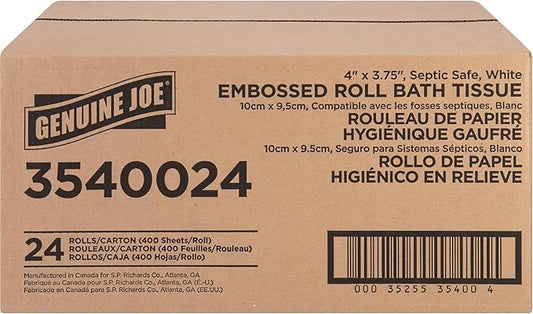 Genuine Joe Embossed Bath Tissue, 2-Ply, Septic Safe, Individually Wrapped, 4" x 3.75", 400 Sheets/Roll, 24 Count