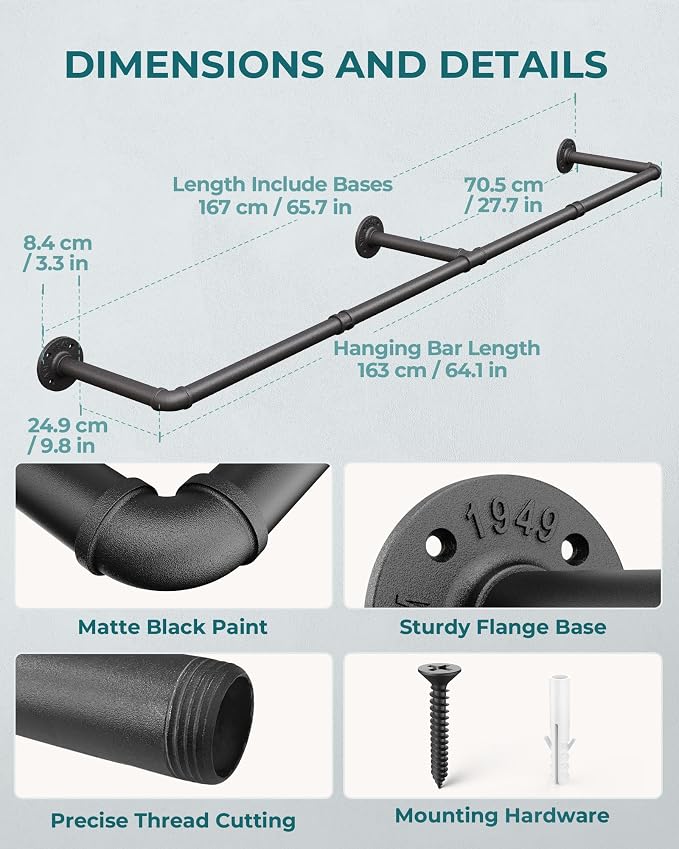 OROPY 65.7" Heavy Duty Industrial Pipe Clothes Rack for Hanging Clothes 2PK | Wall Mounted Clothes Bar, Space Saving Iron Garment Rack, Multi-Purpose Hanging Rod for Bedroom, Closet, Black, 3 Base