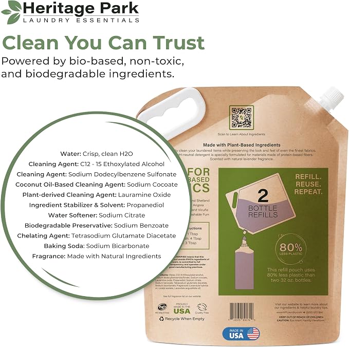 Heritage Park Silk & Wool Delicates Detergent - Lavender Mist - 64oz Refill | EWG Verified & EPA Safer Choice - Enzyme-Free Liquid Detergent - Hypoallergenic, Dermatologist Tested, Gentle on Silk & Wool
