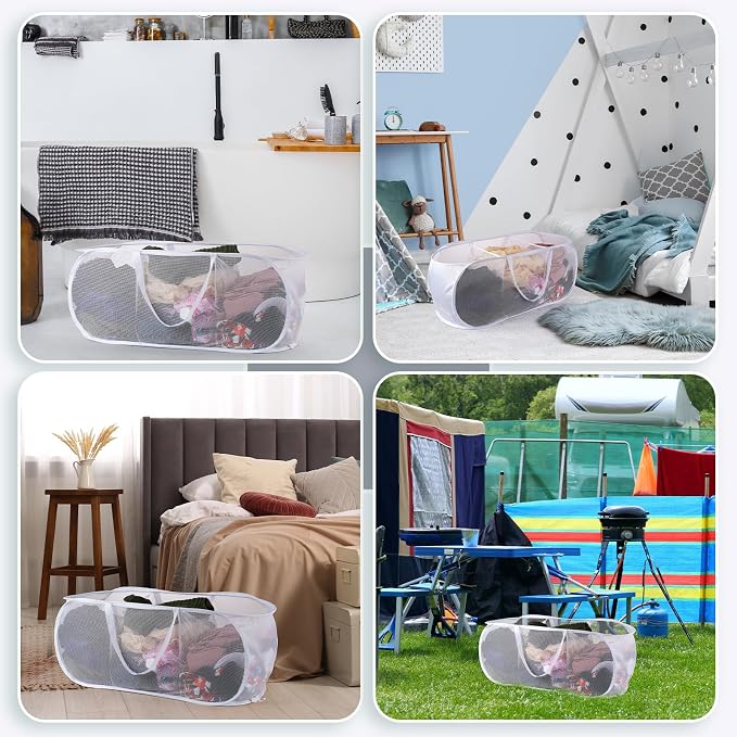 2 Pack Mesh Foldable Laundry Basket Up Laundry Hamper (White) | 3 Compartments Up Mesh Hamper with Handles, Mesh Laundry Hamper for Laundry Room, Bathroom, Room, College Dorm or Travel