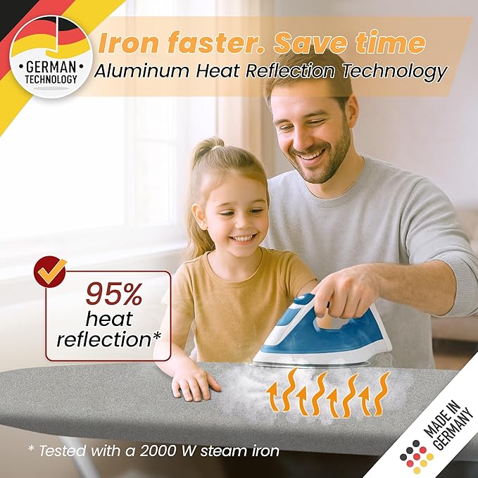 Ironing Board Cover and Pad 15x54 - Made in Germany Iron Board Cover with Heat Reflective Aluminum Coating and Padding- Heavy Duty Iron Board Cotton Cover with Elastic Drawstring Stretch Fit (Silver)