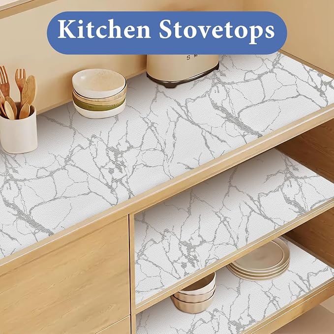 Drawer and Shelf Liner for Kitchen Cabinet: 23.6 in X 20 Ft Non Slip | Waterproof Shelf Paper Non Adhesive Refrigerator Liners Silver Marble Easy Liners for Bathroom with Knife Tape Measure