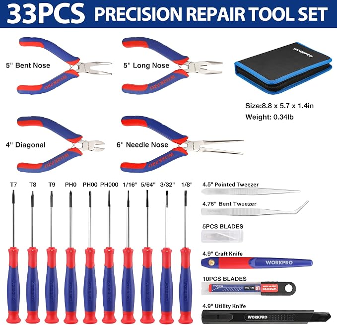 WORKPRO 33PCS Precision Repair Tool Kit, Screwdriver, Pliers Set with Pouch | Craft & Utility Knife, Precision Tweezers, Electronic Repair Applications, Portable Storage, Multi-Purpose DIY