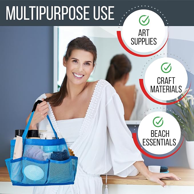 Masirs Mesh Shower Caddy – 9 Pocket Portable Shower Tote Bag for College Dorm Room Essentials, Quick-Dry Bathroom Organizer for Travel, Gym, Camping, Beach – Lightweight Collapsible Blue