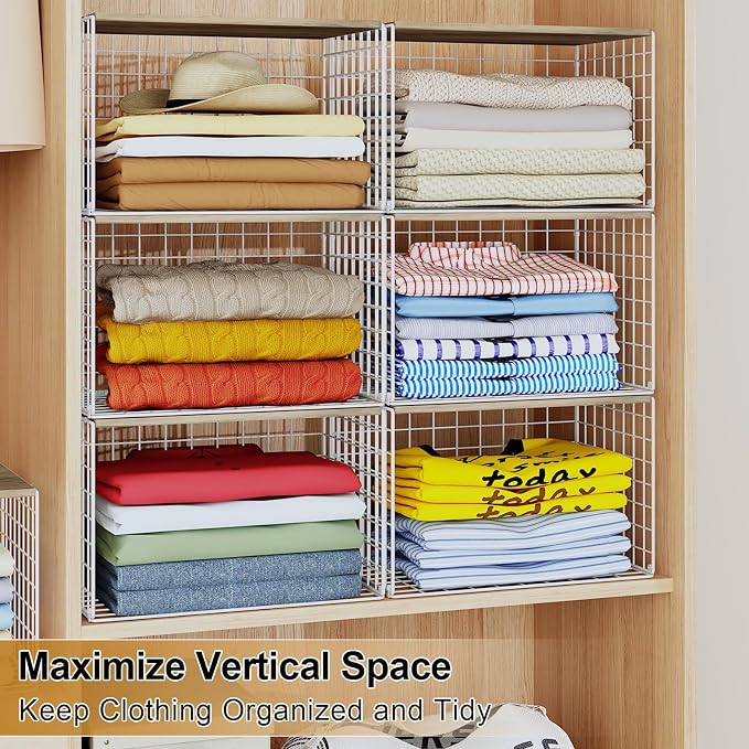 6 Pack Closet Organizers And Storage, Stackable Closet Shelf Organizer Storage Bin Basket For Clothes Sweaters With Top Board, Widened Opening, Heightened Height, Large Capacity, Sturdy, Space-saver