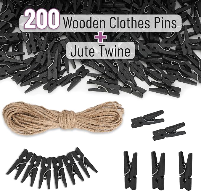 Mr. Pen- Mini Wooden Clothes Pins for Photo, 1 Inch, 200 Pack, Black Small Clothespins with 10 Meter Jute Twine for Scrapbooking, Labeling Plants, Gift Tags, Tiny Crafts, Photo Display, Decoration