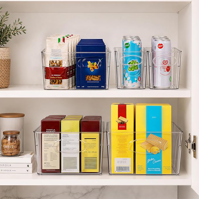 UFORU 5 Pack Clear Plastic Pantry Organizers and Storage, Stackable Storage Bins with Handles, Clear Storage Bins for Kitchen, Fridge, Freezer, Cabinet and Containers for Pantry Organization