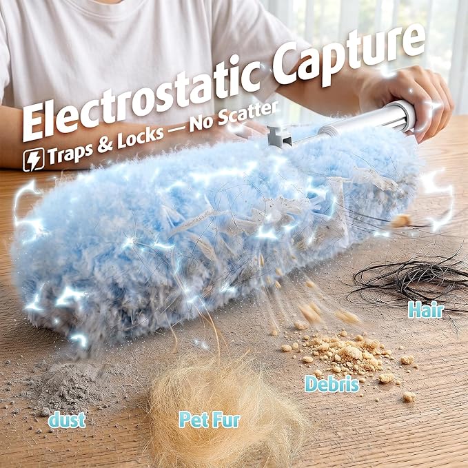 AIR U+ 6ft Extendable Duster with 40 Refills for Swiffer Dusters | 360 double-head microfiber, heavy duty disposable duster, ceiling fan high reach, traps dust pet hair no ladder needed