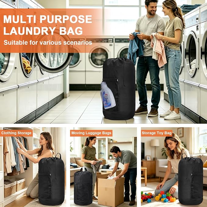 Laundry Bag Backpack Durable Laundry Bag with Shoulder Straps and Mesh Pockets Portable Laundry Hamper Dirty Clothes Bag for College, Travel, Laundromat, Apartment (Black)