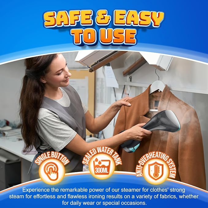 Steamer for Clothes, 1800W Handheld Clothes Steamer for Quick Wrinkle Removal with 15s Fast Heat-Up, 3 Steam Modes, 300ml Tank, Portable Garment Steamer with Brush & Glove for Home, Travel, Office