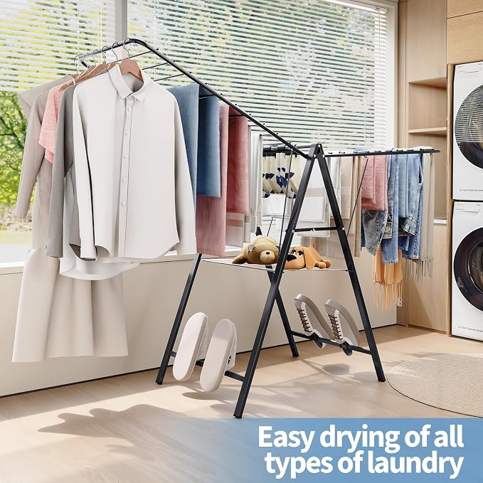 APEXCHASER 6 Height Adjustable Clothes Drying Rack with Shoe Slots, Black | Pre-Assembled, Stable Load Structure, 22 Drying Rails, Foldable Space-Saving For Efficient Indoor & Outdoor Airflow Drying