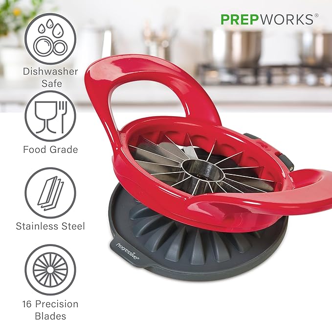 PrepWorks Apple Slicer and Corer, Attached Safety Cover, Cuts 16 Thin Apple Slices, Red