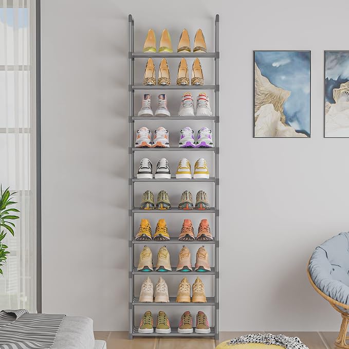 OYREL 10-Tier Metal Shoe Rack, Narrow Shoe Rack Organizer, Sturdy Shoe Shelf for Closets, Entryway, Bedroom, Garage - Silver | Closets, Entryway, Bedroom, Garage, Space Saving Tall Shoe Shelf, Free Standing Boot Storage Racks, Silver