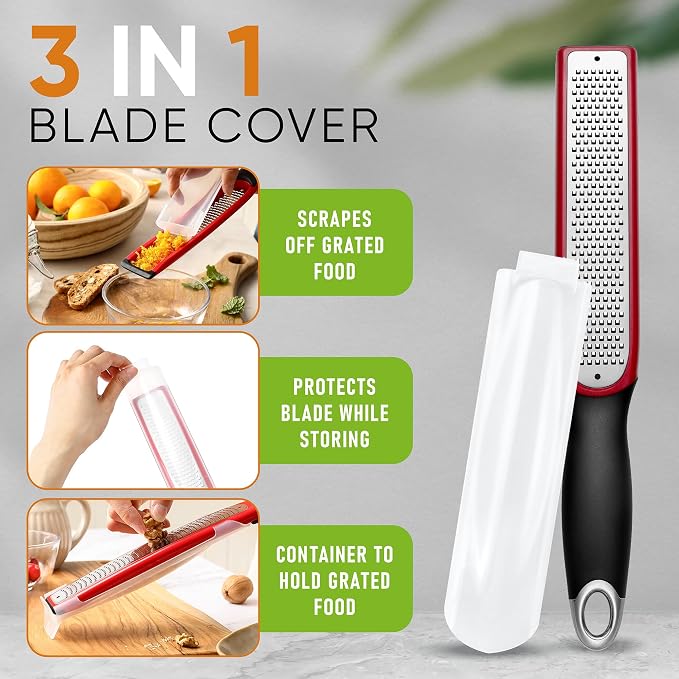 Spring Chef Premium Red Lemon Zester Grater with Handle - Fruit, Garlic, Citrus, Nutmeg, Orange Zester Tool - Heavy Duty Kitchen Shredder - Stainless Steel Ginger Grater with Blade Cover - Fine Shred