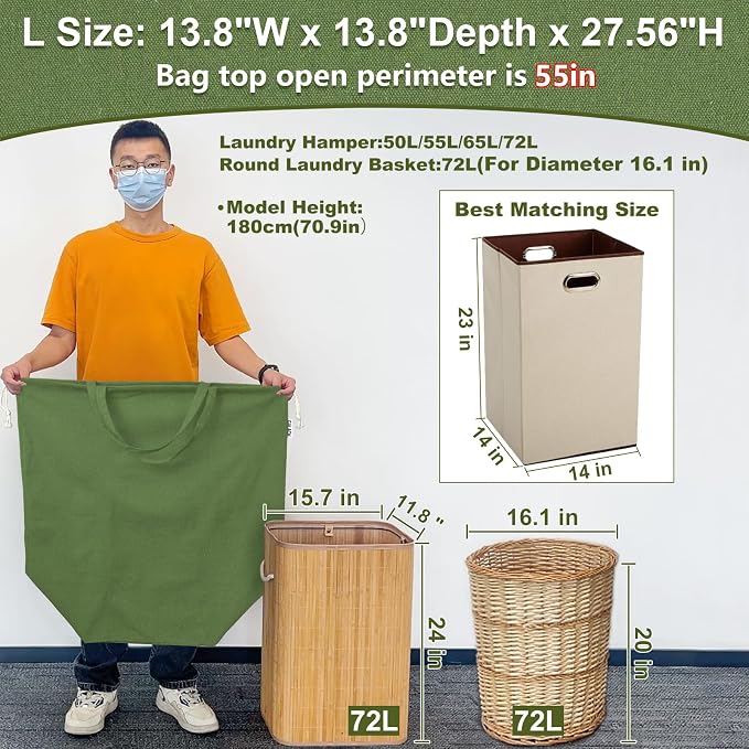 Canvas Laundry Bags with Handles & Square Base 13.8"Wx13.8"Dx27.6"H | Extra Large Heavy Duty Laundry Basket Hamper Liner Replacement, Washable Drawstring Dirty Clothes Bag, Army Green