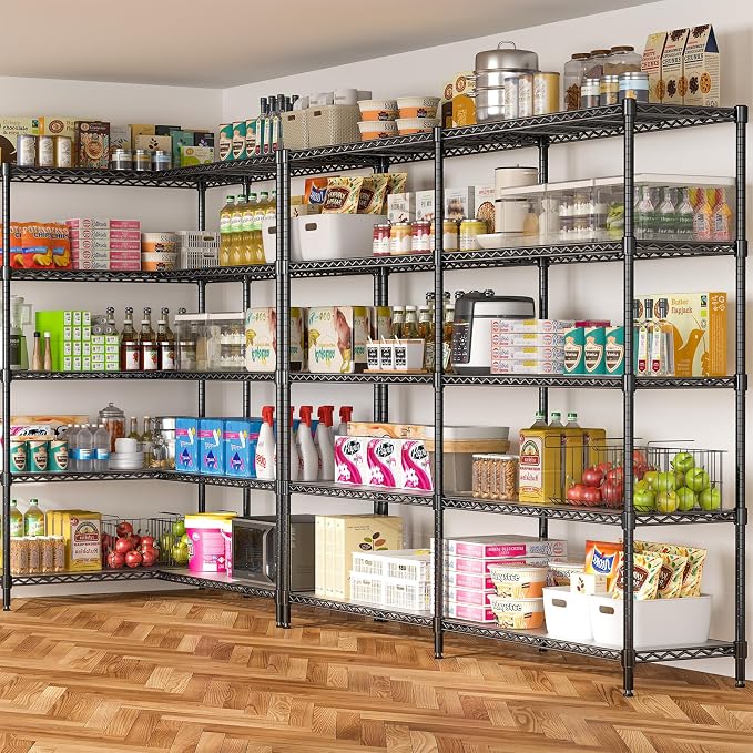 70" W Storage Shelves 1430 LBS Heavy Duty Wire Shelving, 5 Tier Adjustable Metal Garage Shelving, Pantry Kitchen Storage Rack with Liners, DIY L-Shaped Corner Shelf, 70" W x 16" D x 72" H