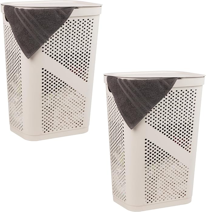Mind Reader 60L Slim Laundry Hamper, Clothes Basket, Lid, Ventilated, Plastic, Set of 2, Ivory