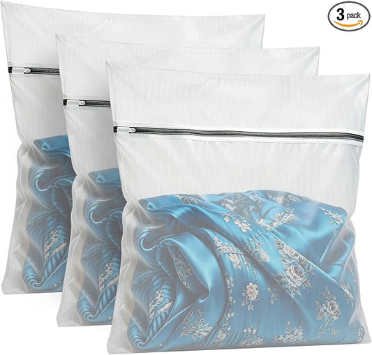 kinice Large Laundry Bag with Zipper Protective Cover, 3Pcs 23x23 Inches Garment Bag for Washing Machine, Mesh Laundry Bags for Delicates, Lingerie, Bras, Baby Clothes, Family College Dorm Essentials