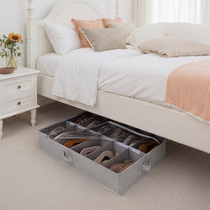 StorageWorks 24-Pair Underbed Storage Shoe Organizer for Closet, Grey | Adjustable Dividers, 2 Pack, Up to 12 Pairs Each, 5.25" Height, Fits 6-inch+ Clearance, Clear Top, Soft Handles, For Bedroom