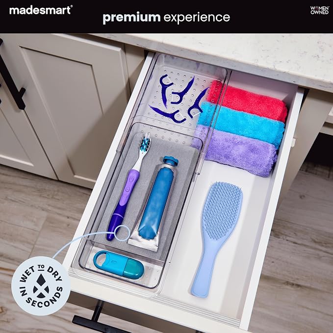 madesmart Expandable Toothbrush Drawer Organizer with Drying Stone, Clear Dental Organizer Tray for Bathroom Drawers, Toothpaste Holder, Dental Floss, Water Flosser and Mouthwash, 12 to 20 Inch