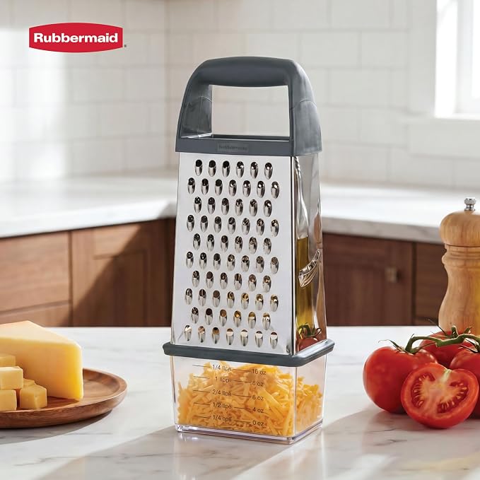 Rubbermaid EZ Grip Box Grater, Stainless Steel Cheese Grater & Container - BPA Free Multi-Surface Cheese Shredder & Food Grater Silver Blue | Graters for Kitchen -Non-Slip Base, Dishwasher Safe