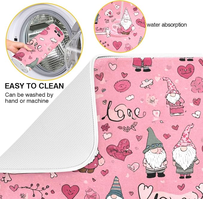 Happy Valentine’s Day Pink Dish Drying Mat for Kitchen Countertop 16x18 Love Gnomes Love Heart Gift Small Drying Mat Reusable Quick Dry Dish Sink Mats Easy Clean Decorative Essentials