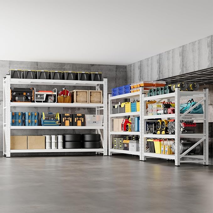 BYNSOE 78.8" W Storage Shelves 7000lbs Garage Metal Shelving Heavy Duty Garage Shelves Adjustable Storage Shelves for Industrial, Factory, (White, 78.8" W X 24" D X 78.8" H)