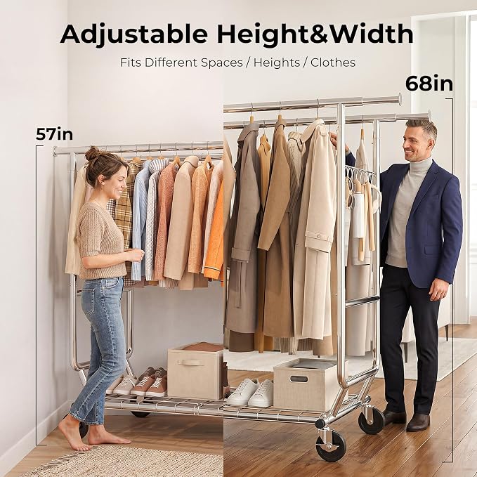 HOKEEPER Clothes Rack Heavy Duty Clothing Rack Load 650 LBS Collapsible Garment Rack with Wheels Double Rod Clothes Rack for Hanging Clothes Commercial Portable Closet Rack, 2 Packs 22" D*75" W*68" H