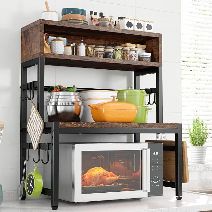 EnHomee 4-Tier Microwave Stand for Kitchen Storage, Brown | 205 lb Capacity, Adjustable Kitchen Shelves with 9 Hooks & Cutting Board Rack