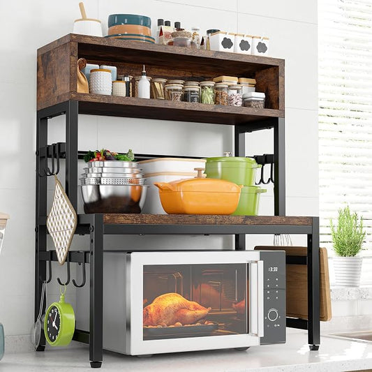 EnHomee 4-Tier Microwave Stand for Kitchen Storage, Brown | 205 lb Capacity, Adjustable Kitchen Shelves with 9 Hooks & Cutting Board Rack