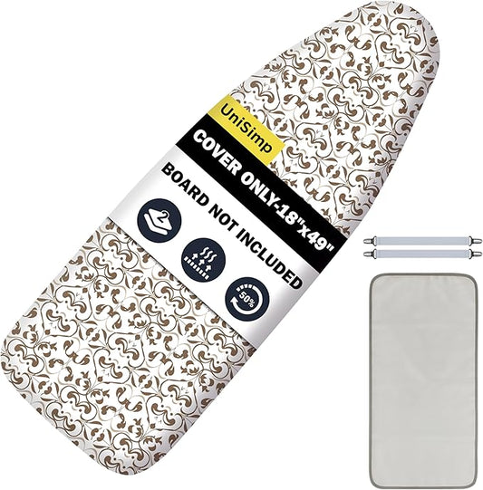UniSimp Ironing Board Cover and Pad 18"x49" Extra Thick Natural Cotton, Scorch and Stain Resistant Iron Board Cover,Wide Ironing Board Cover with Fasteners Heavy Duty Heatproof Elastic Edge Taupe