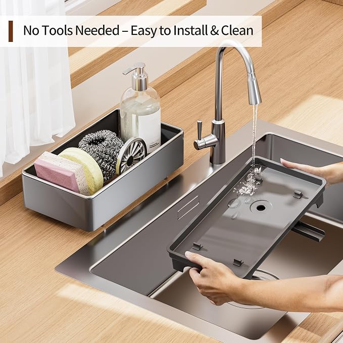 MOUKABAL Sponge Holder for Kitchen Sink – Rustproof Stainless Steel, 360° Rotating Drain Pipe, Large Counter Organizer with Drip Tray for Sponges, Brushes & Dish Cloths Grey